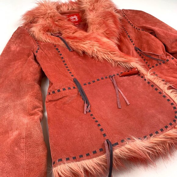 Y2K Genuine Suede Faux Fur Trim Jacket | 2000s Boho Moto Coat - Picture 2 of 7
